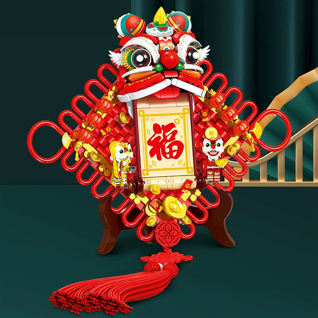 Auspicious Lion Assembly MOC Model Building Blocks Set Spring Festival Ornament (665PCS)