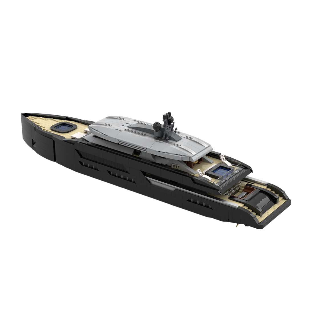 Sleek Black Luxury Superyacht Building Blocks Set, Detailed 1:80 Scale Model with Full Interior (2977 Pieces)