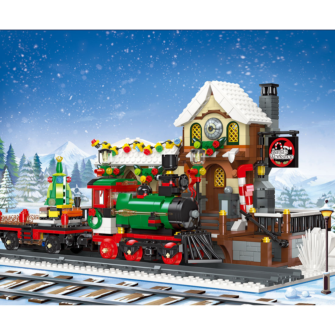 Christmas Winter Railway Station Model with Light Assembly Toy Small Particles Building Blocks Set (1362PCS)