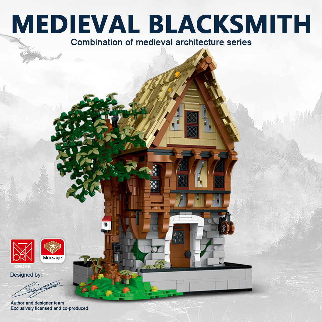 Mocsage Medieval Modular Stree MEDIEVAL BLACKSMITH with Lights Building Blocks Set (1991PCS)