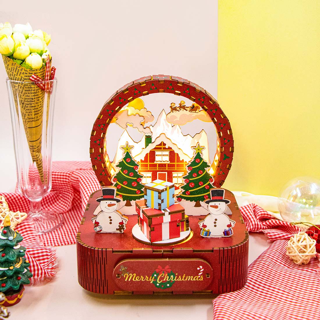 DIY Wooden Assembly Music Box Handcrafted 3D Puzzle Christmas Assembly Toy Creative DIY Music Box Perfect Christmas Gift (Kit Version)