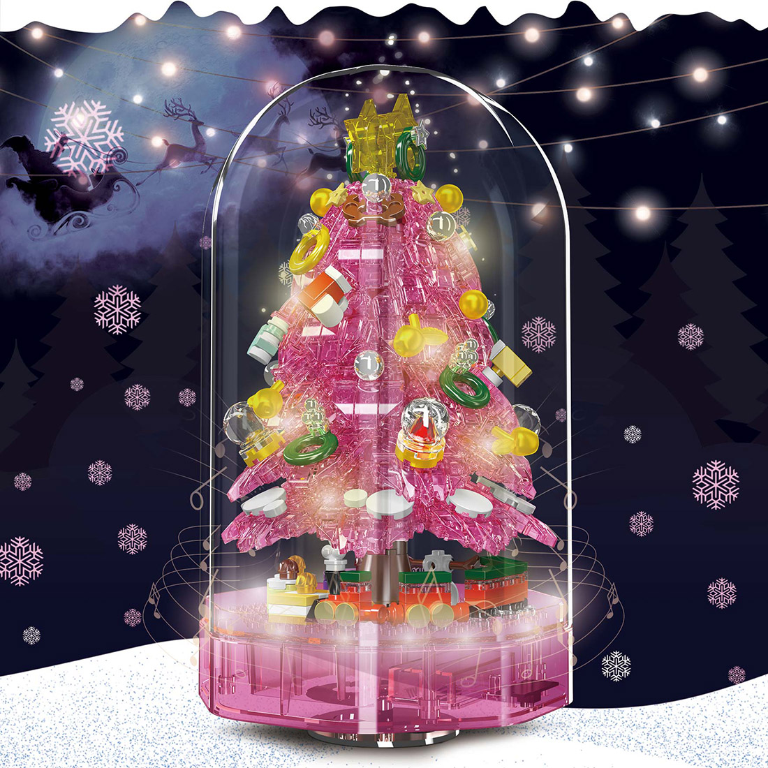 Christmas Music Box Model Assembly Toy Small Particles Building Blocks Set (Dynamic Version/688PCS/Pink)