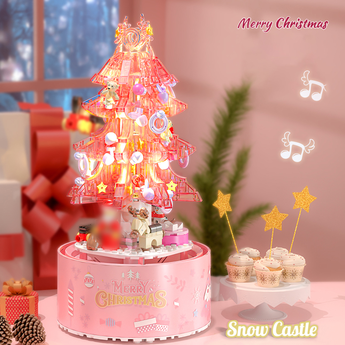 Christmas Spinning Music Box MOC DIY Assembly Model Small Particles Building Blocks Set (Dynamic Version/629PCS)