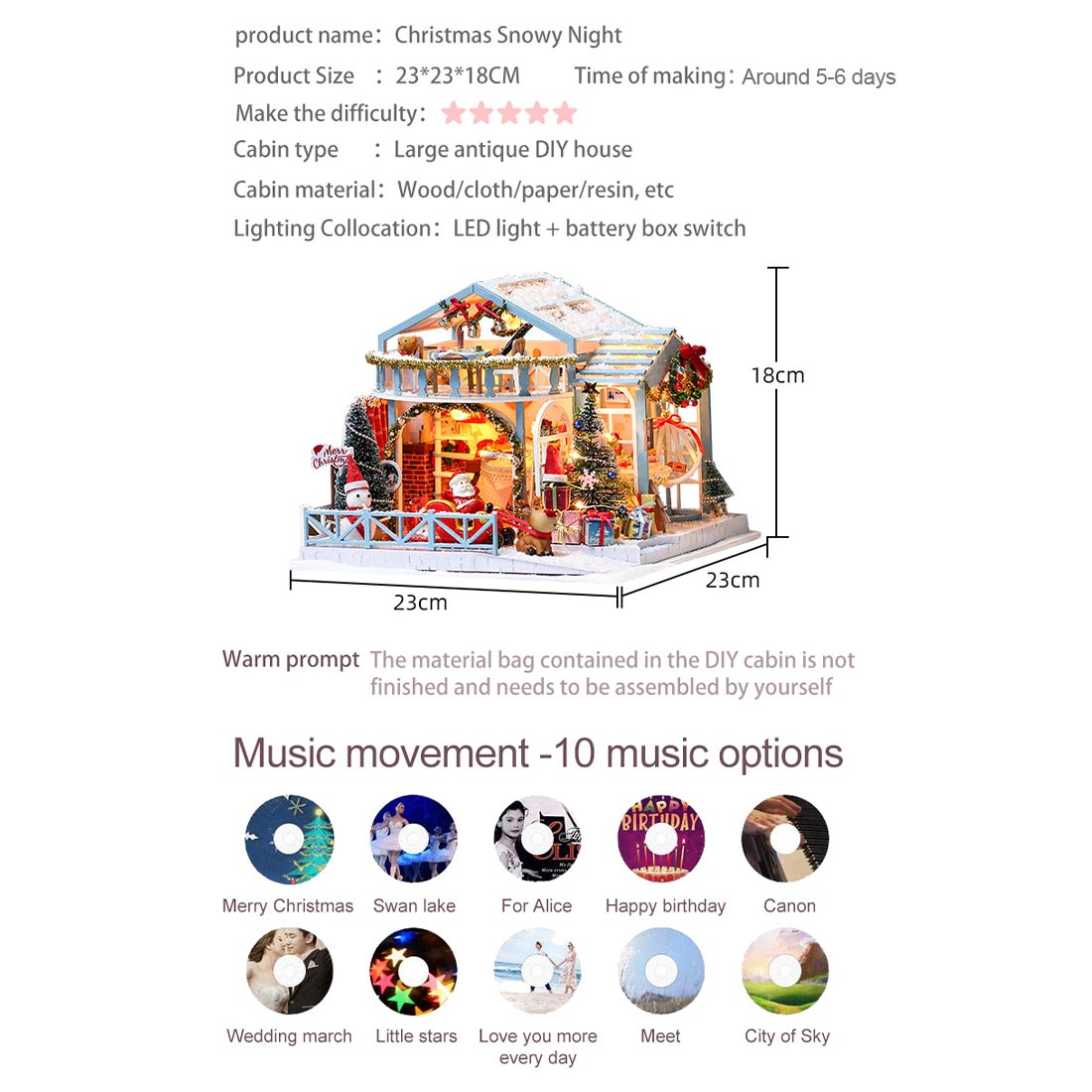 Snowy Christmas Night 3D DIY Assembly Miniature Art Cottage Model Kit Creative Ornament Christmas Gift