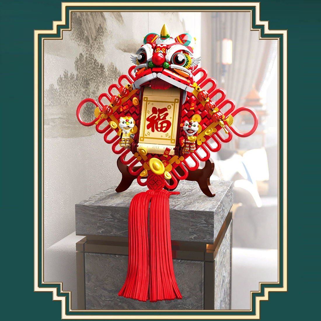 Auspicious Lion Assembly MOC Model Building Blocks Set Spring Festival Ornament (665PCS)