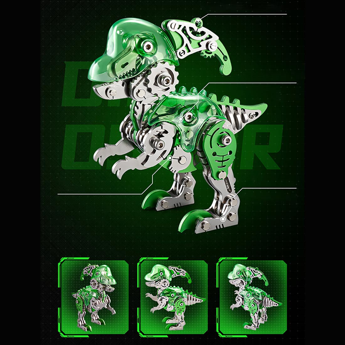 DIY Mechanical Parasaurolophus Q Version Metal Assembly Dinosaur Model (Kit Version/157PCS/Green)