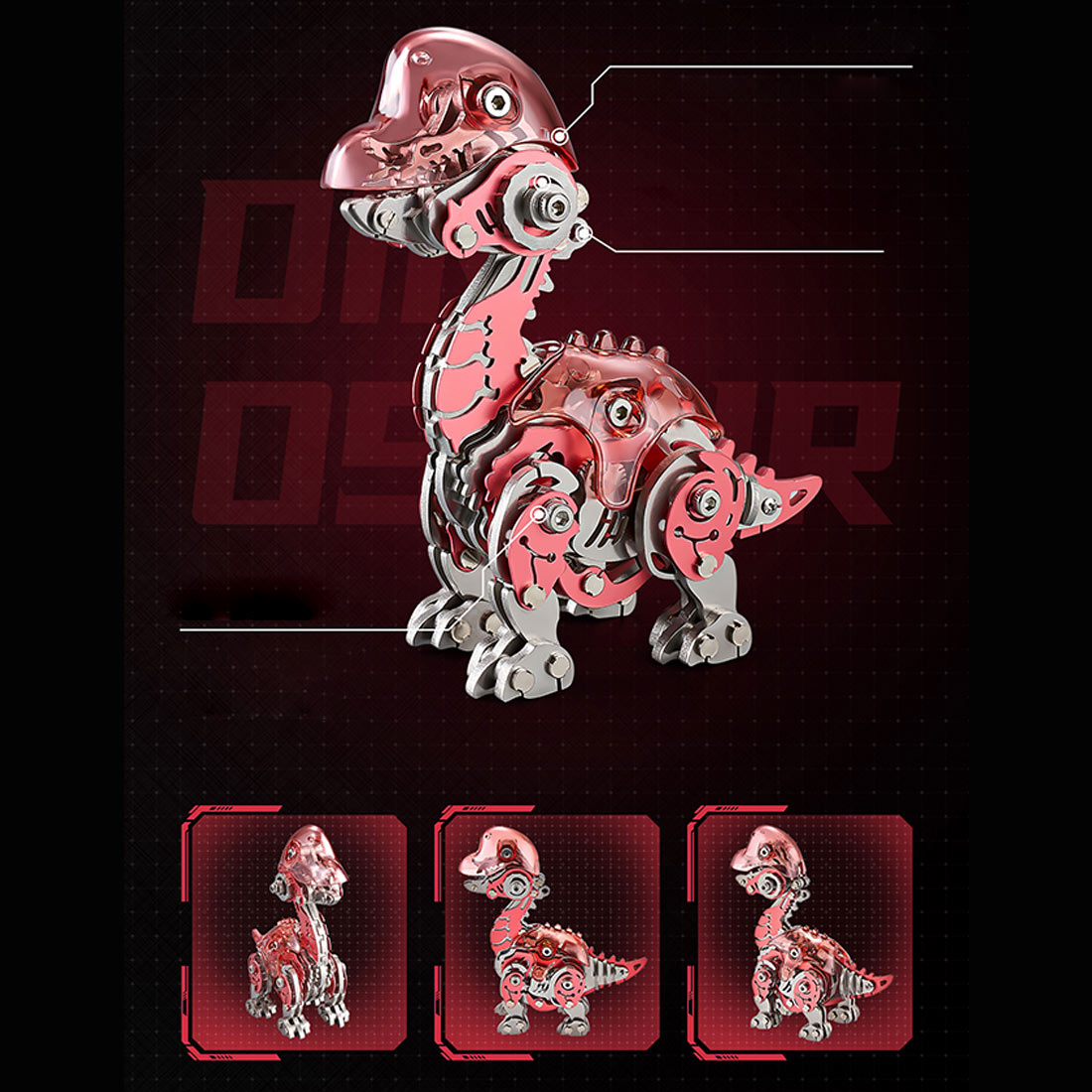 DIY Mechanical Brachiosaurus Q Version Metal Assembly Dinosaur Model (Kit Version/174PCS/Pink)