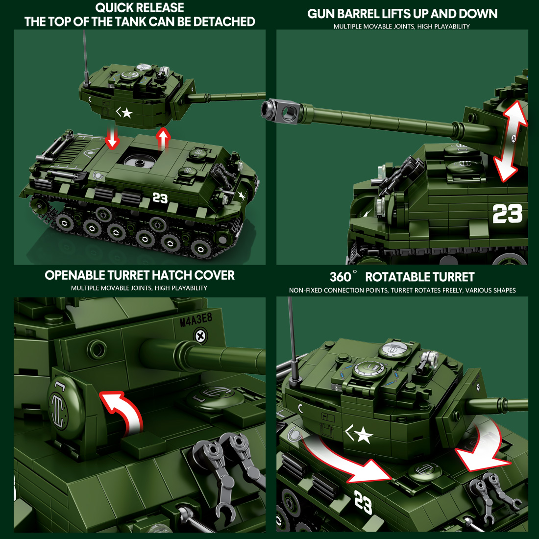  Mocsage 1/30 Scale M4A3E8 Tank Model MOC Building Blocks Set(836PCS)