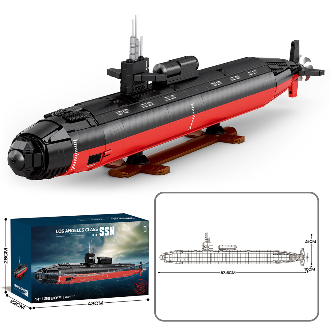 Mocsage 1/125 UCC Los Angeles-class Military Nuclear Submarine Model Building Blocks Set (2988PCS)