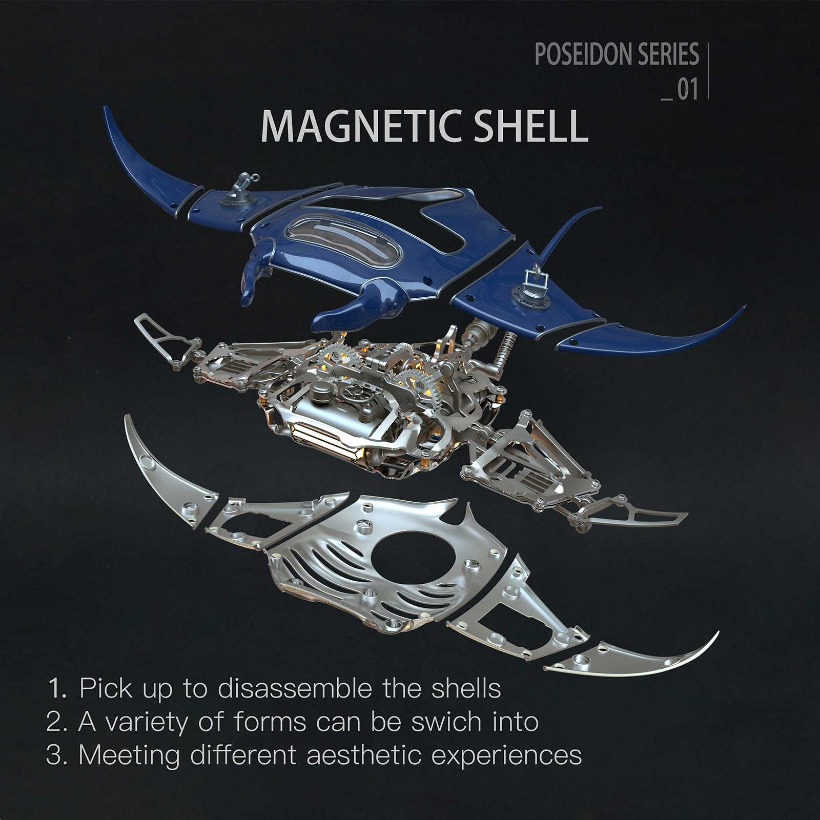  3D Devilray Mechanical Marine Biological Metal Assembly Model with Lights (Dynamic Version/200+PCS)