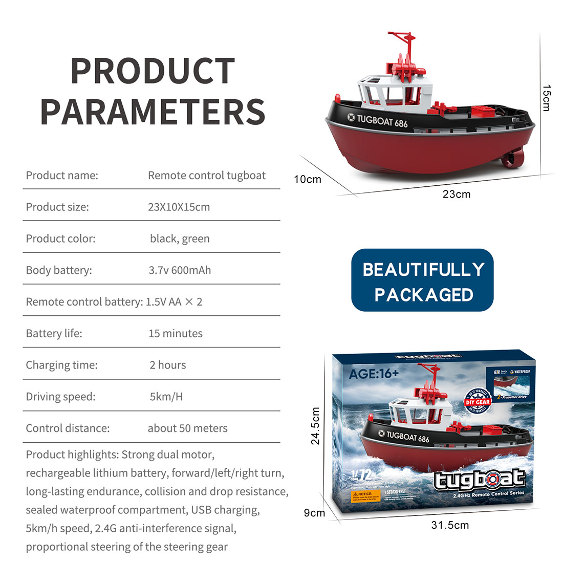 1/72 2.4Ghz RC Electric Tugboat Model (RTR Version/Yellow)