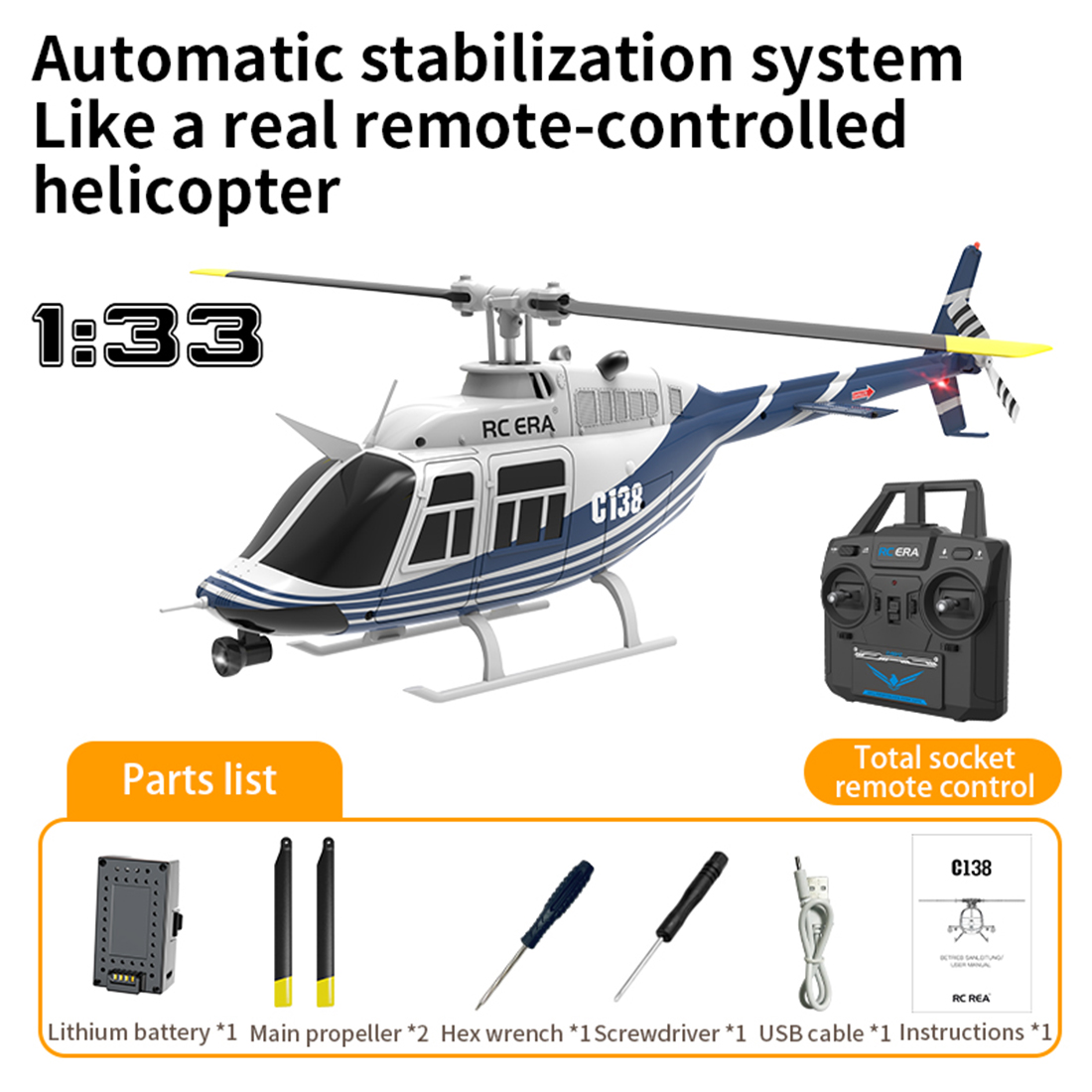 RC ERA C138 1/33 Scale 206 Helicopter 2.4G 6CH No Aileron Helicopter with Altitude Hold (RTF Version)