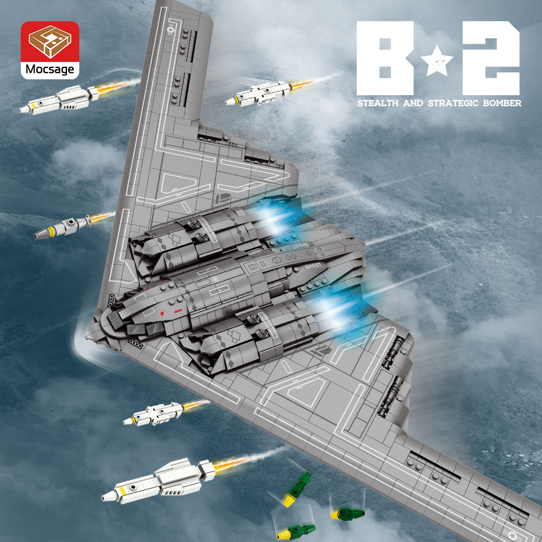 Mocsage MOC-166363 B2 Spirit 1/70 Scale Flying-Wing Ultra-High-Speed Intercontinental Stealth Strategic Bomber Model Building Blocks Set (2063PCS)
