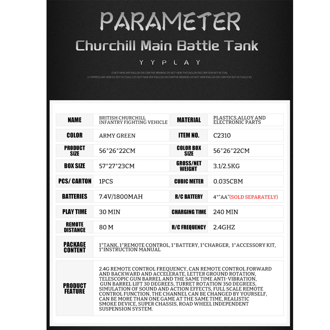 1/16 Scale 2.4G RC Churchill Main Battle Tank Infrared Military Vehicle Model (Basic Version/Army Green)