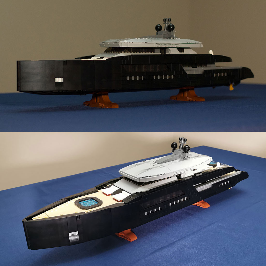 Sleek Black Luxury Superyacht Building Blocks Set, Detailed 1:80 Scale Model with Full Interior (2977 Pieces)