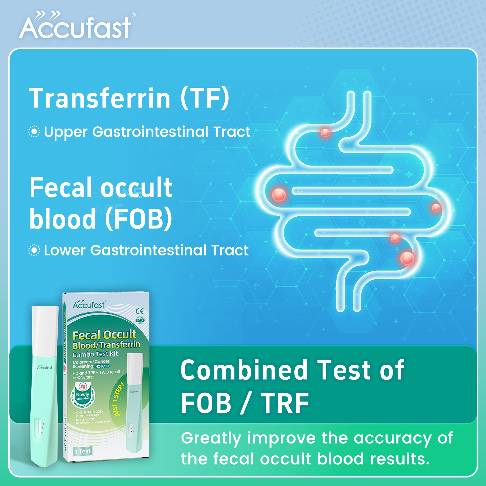 ACCUFAST Bowel Cancer Home Test Kit 2-in-1 FOB/TRF Colon Faecal Screening Test Kit Dual Result Test