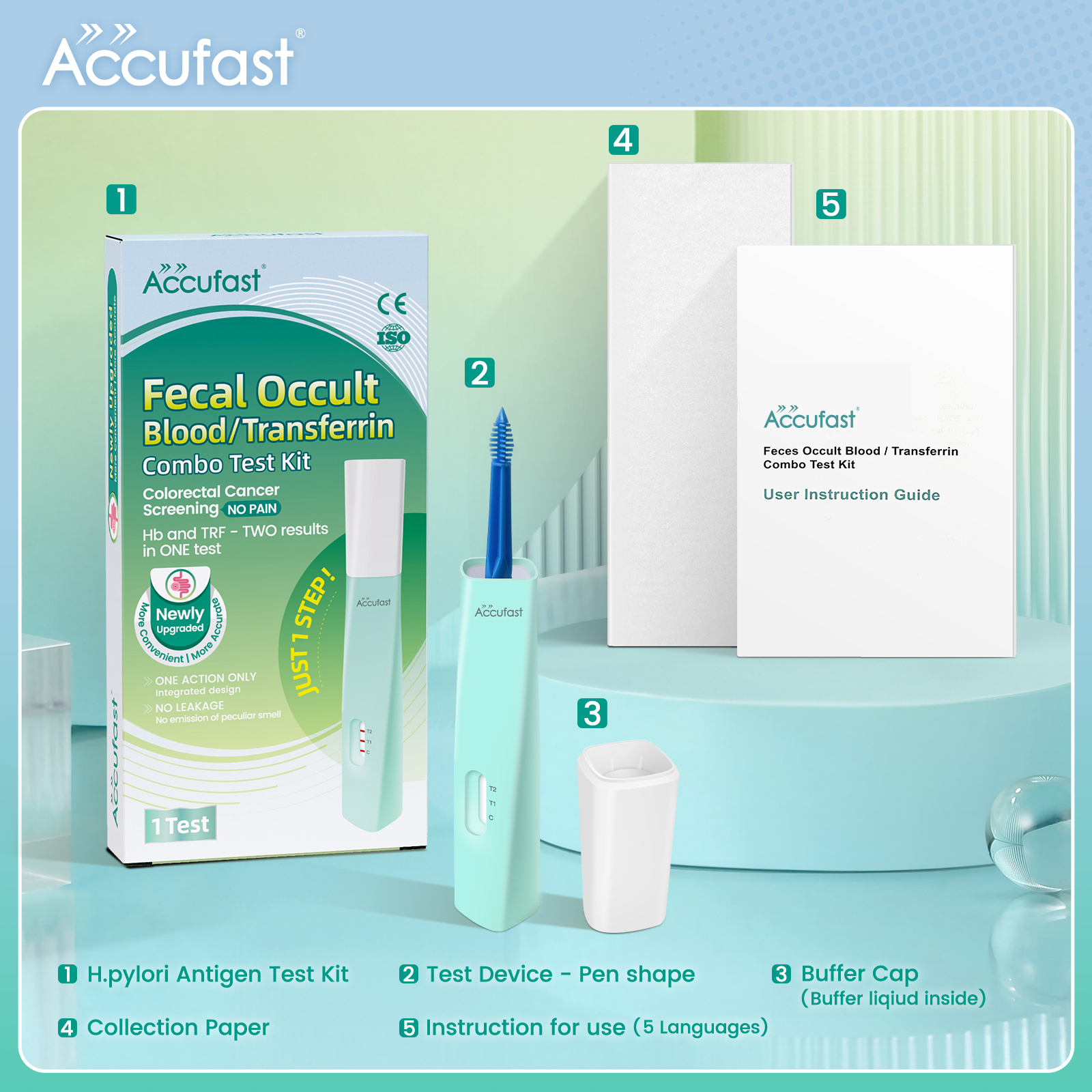 ACCUFAST Bowel Cancer Home Test Kit 2-in-1 FOB/TRF Colon Faecal Screening Test Kit Dual Result Test