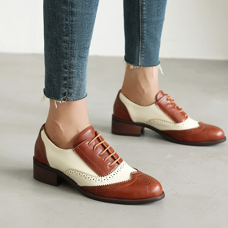 Brown and White Patchwork Vintage British Style Leather Lace-up Oxford Shoes