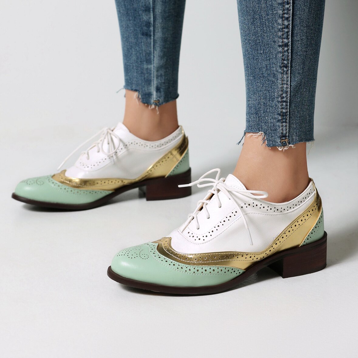 Green and Gold Patchwork Vintage British Style Leather Lace-up Oxford Shoes