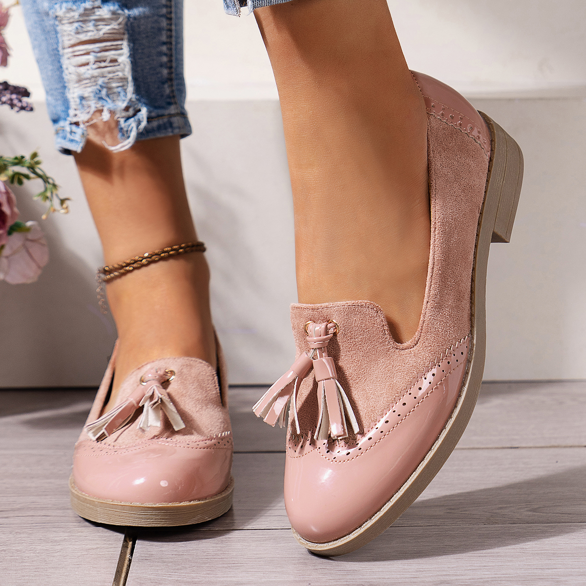 Pink Women's Tassel Detail Put Together Slip On Loafers
