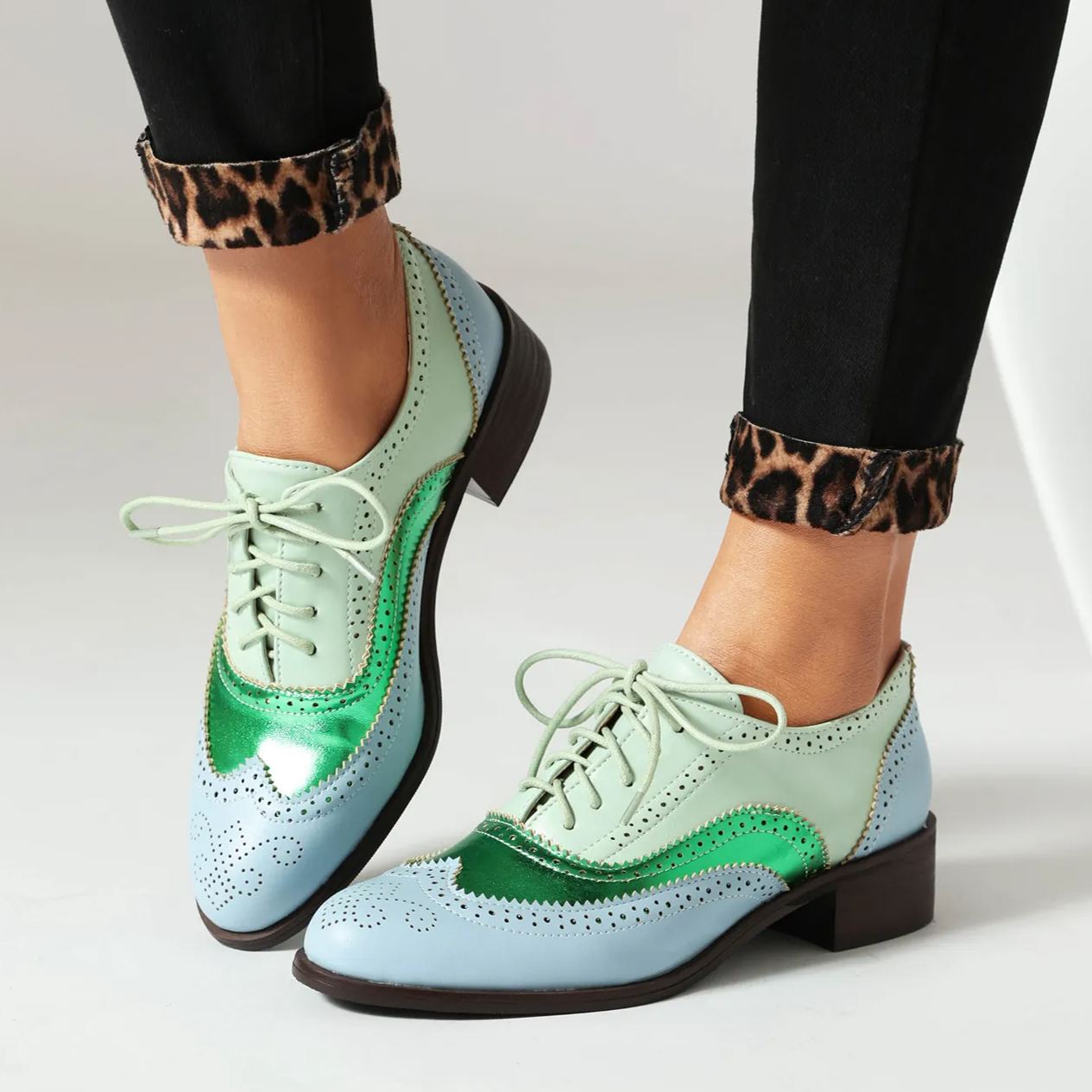 Green and Blue Patchwork Vintage British Style Leather Lace-up Oxford Shoes