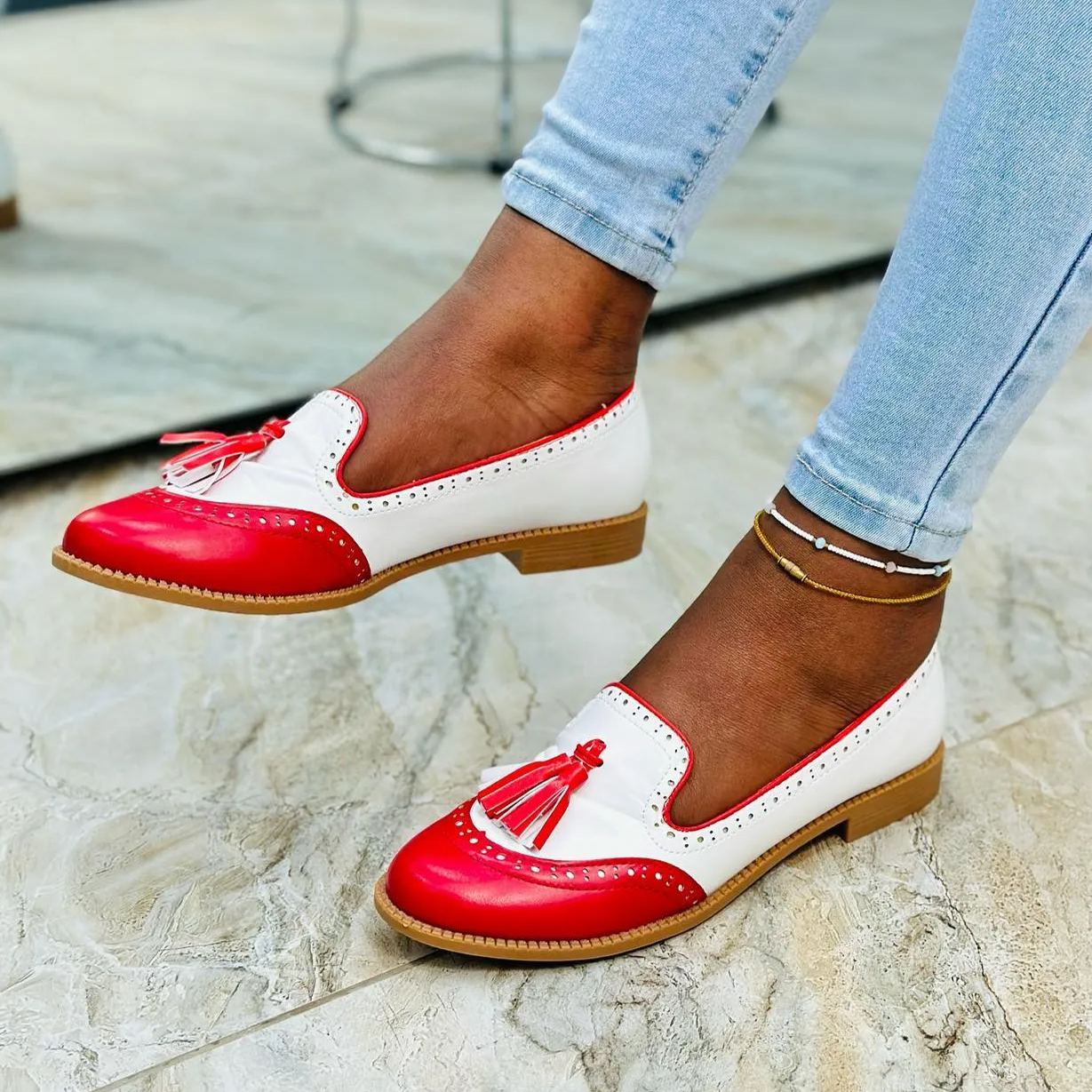Red and White Tassel Detail Put Together Slip On Loafers