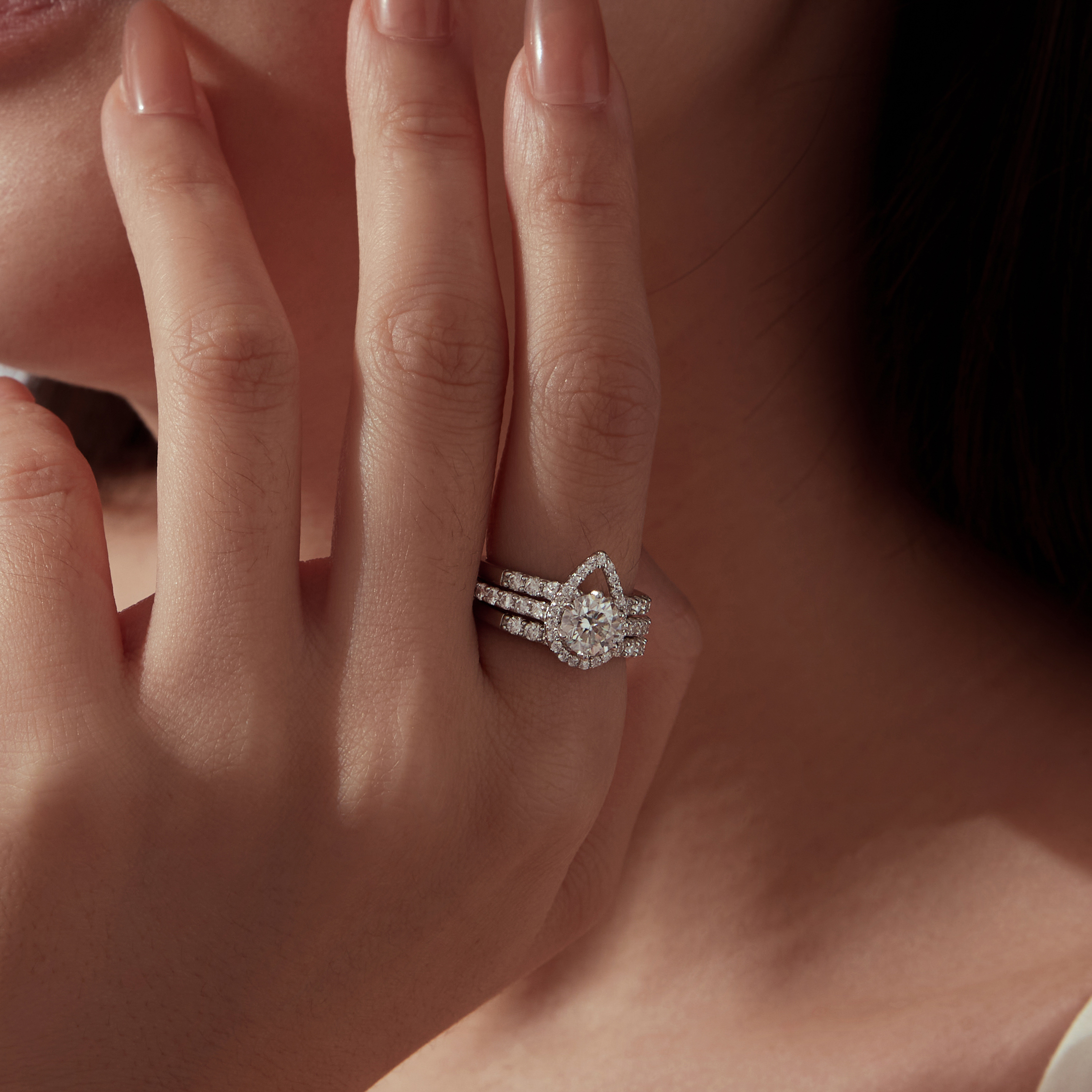 BAMOER Pear Shape Moissanite Stackable Ring – 3-Layer Sterling Silver Engagement Ring