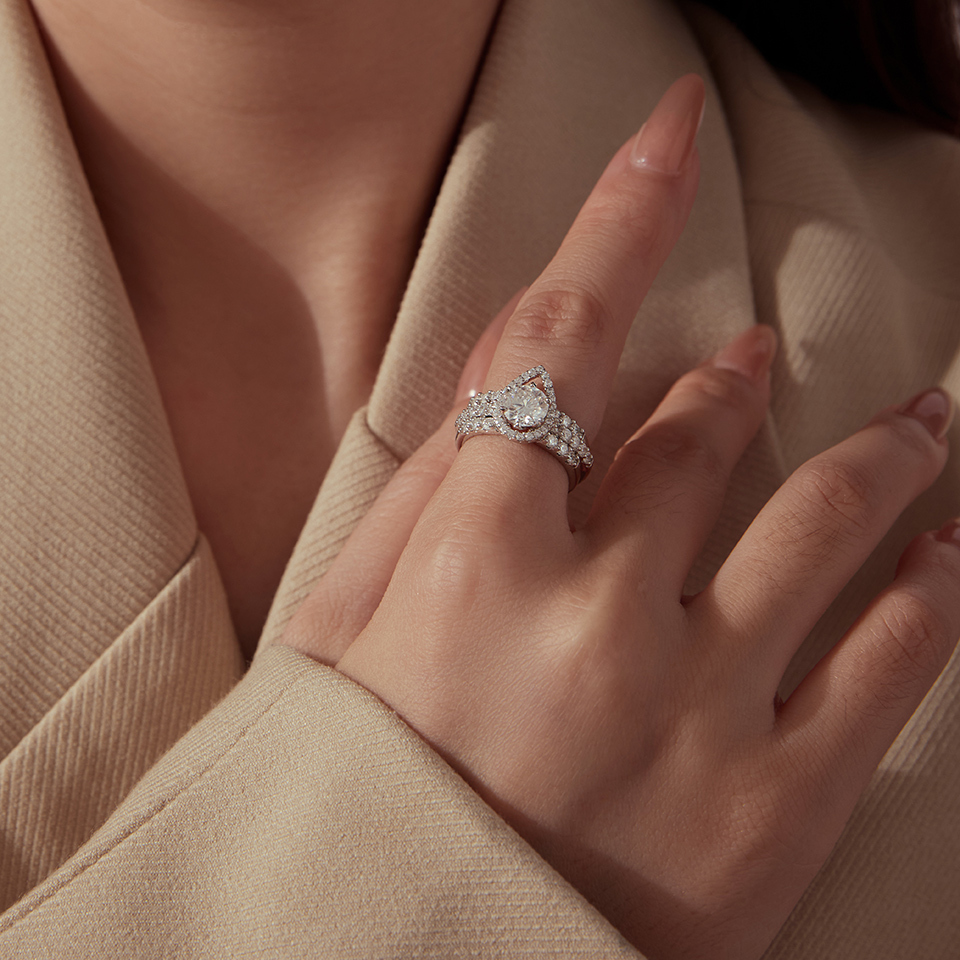 BAMOER Pear Shape Moissanite Stackable Ring – 3-Layer Sterling Silver Engagement Ring
