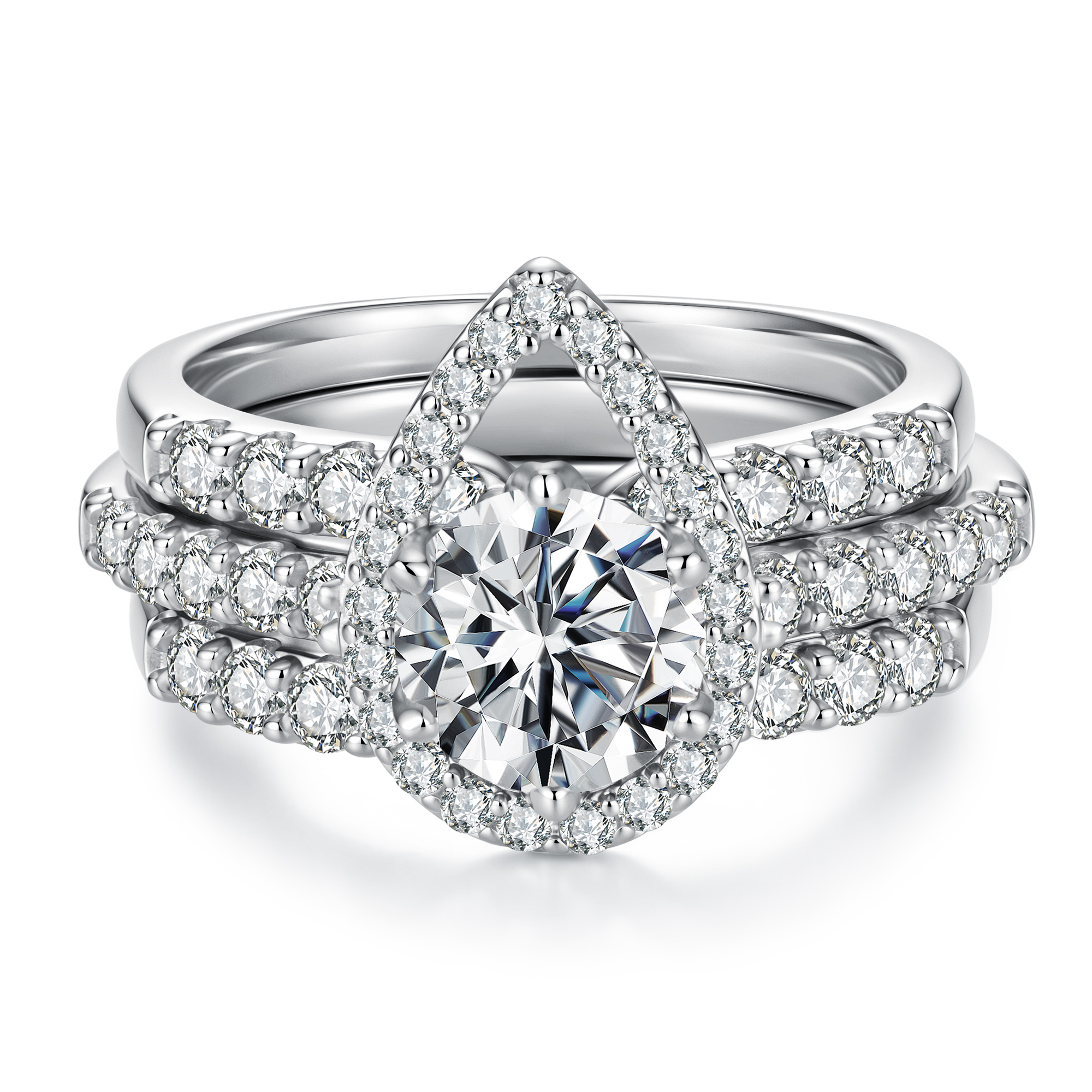 BAMOER Pear Shape Moissanite Stackable Ring – 3-Layer Sterling Silver Engagement Ring