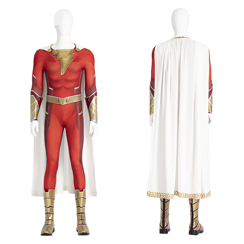  Shazam Fury Of The Gods Shazam Red Bodysuit Halloween Cosplay Costume Full Set DC Movie