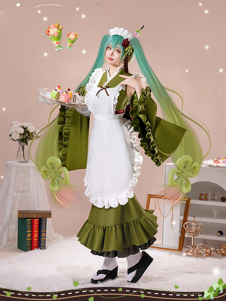 Hatsune Miku Vocal Cosplay Costume Matcha Green Tea Dress and pink Dress,Wig