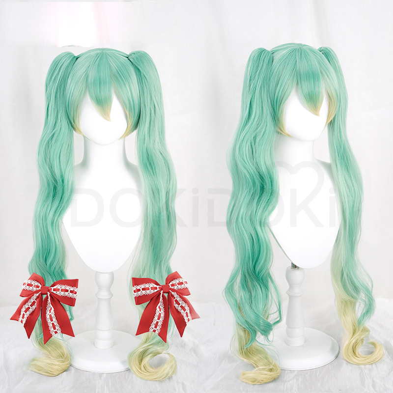 Miku Cosplay Costume Wig Long Curly Green Wig Strawberry 15th anniversary/ Bow Knot