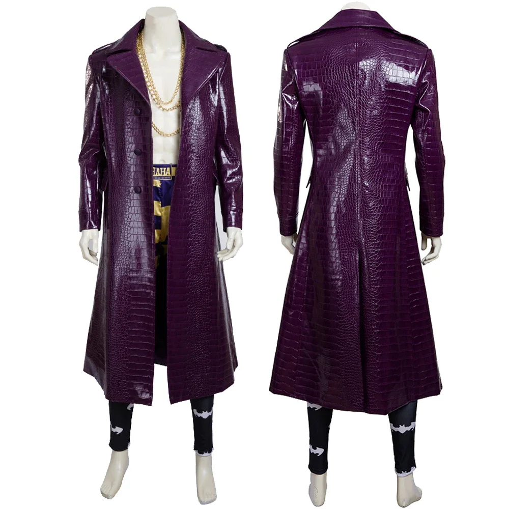 Movie Gotham City The Joker Cosplay Costume Halloween Carnival The Clown Outfit With Purple Jacket Men Suit With Golden Necklace-DC