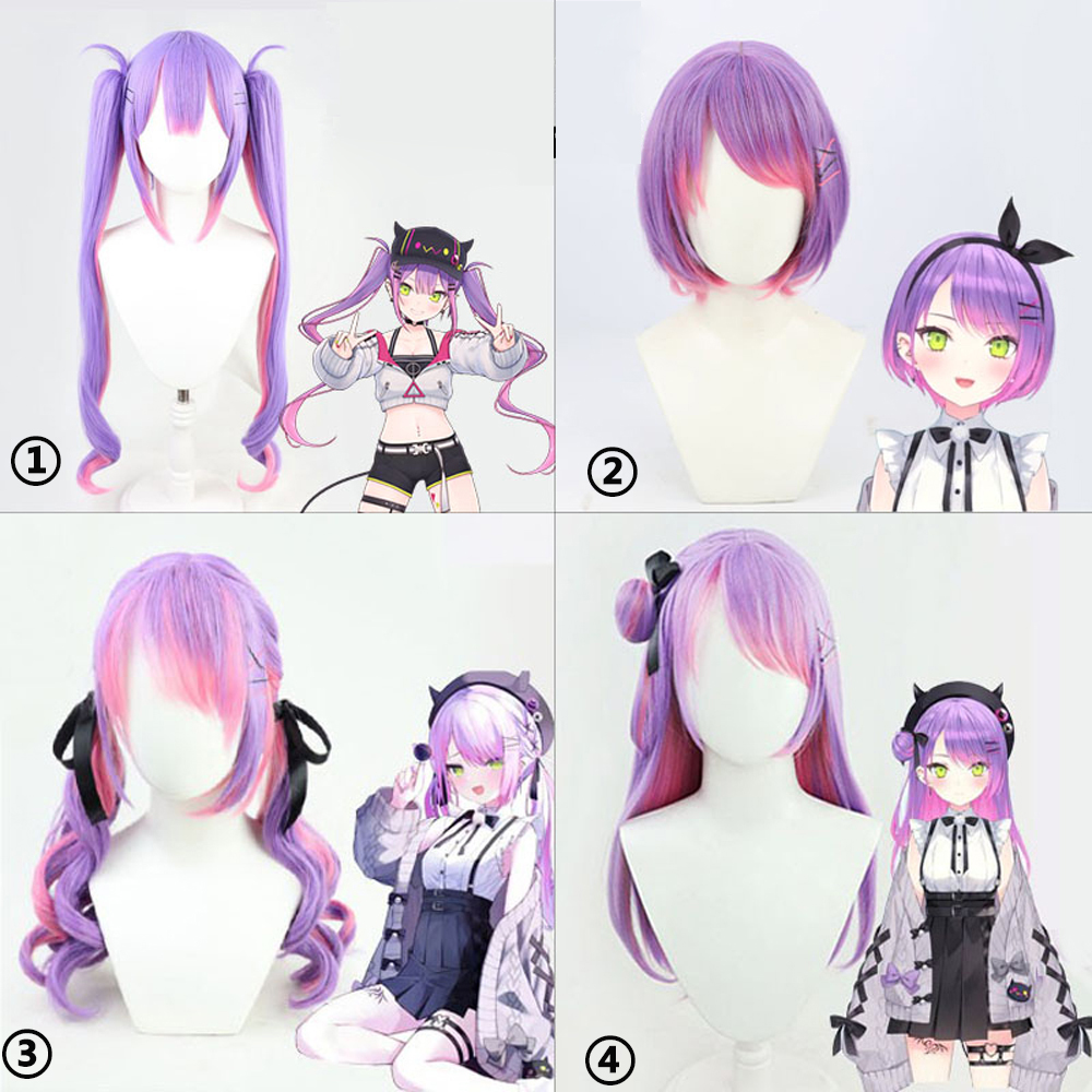 VTuber Tokoyami Towa Cosplay Wig for Girls Pigtails Short Hair Bun Hololive Idol Purple Mixed Pink Long Straight Hats