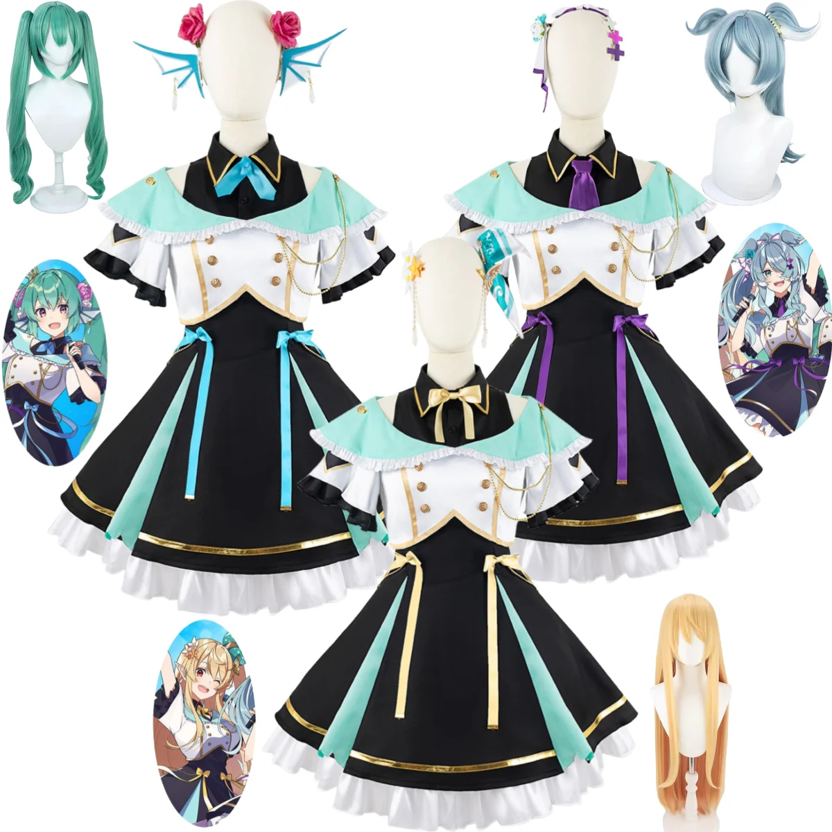 Anime Virtual YouTuber Finana Ryugu Elira Pendora Pomu Rainpuff Cosplay Costume Wig Disguise JK Uniform