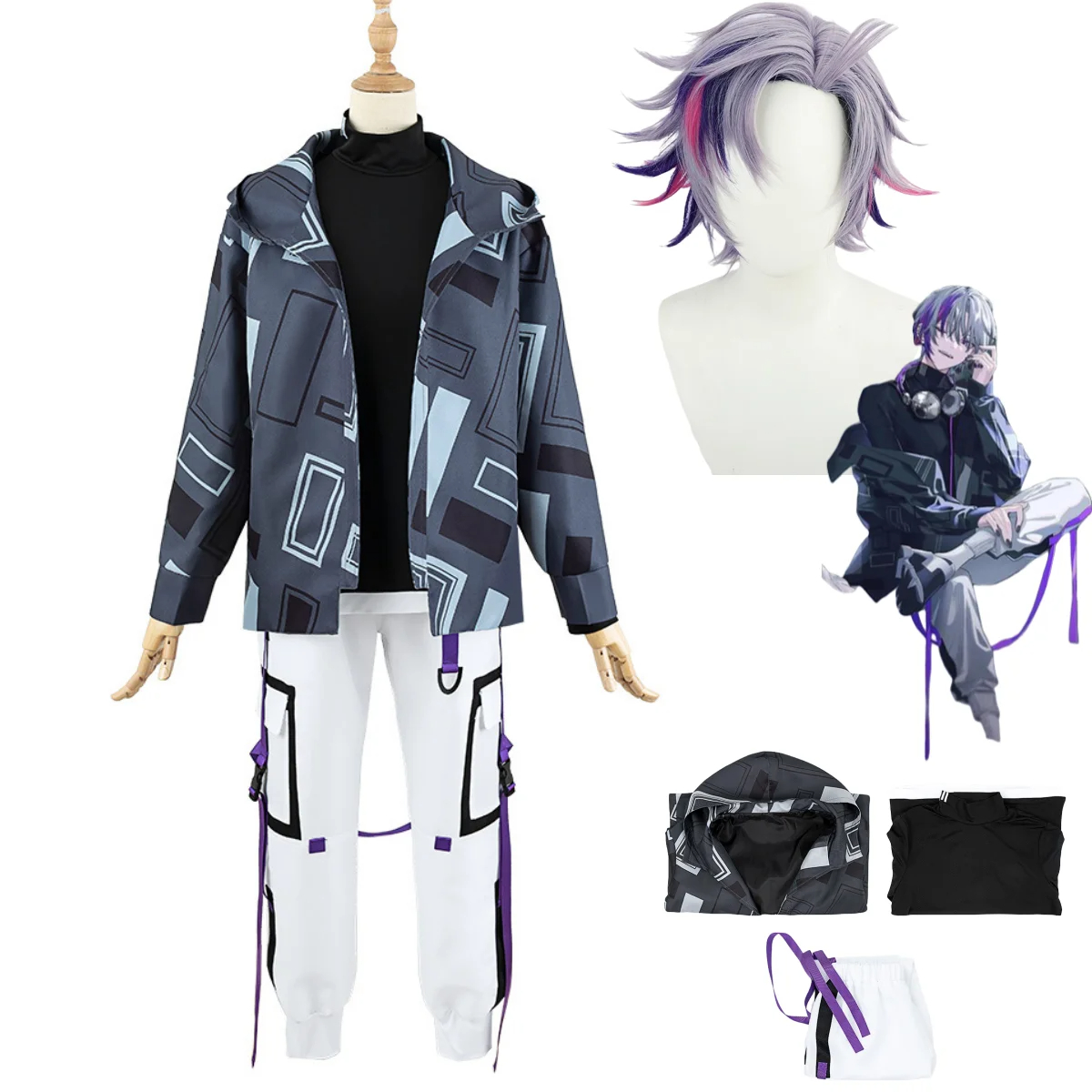 Anime Virtual Youtuber Fuwa Minato Cosplay Costume Wig Daily Uniform Hooded Coat Man Woman Party