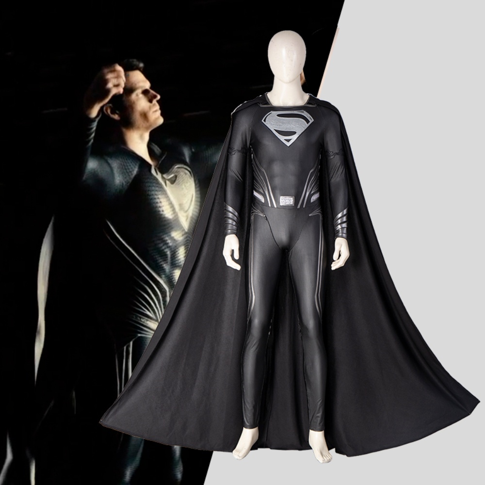 Justice League Superman Clark Kent Black Battle Suit Halloween Cosplay Costume Full Set DC Movie