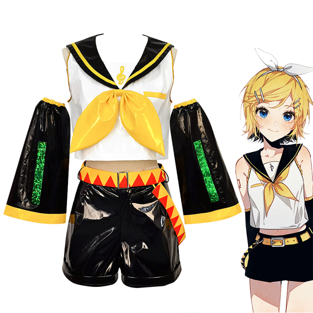 Kagamine Rin Cosplay with Ears Collab Series Cosplay Top Shorts Idol Costumes Wig Cosplay Outfit Patent Leather Uniform