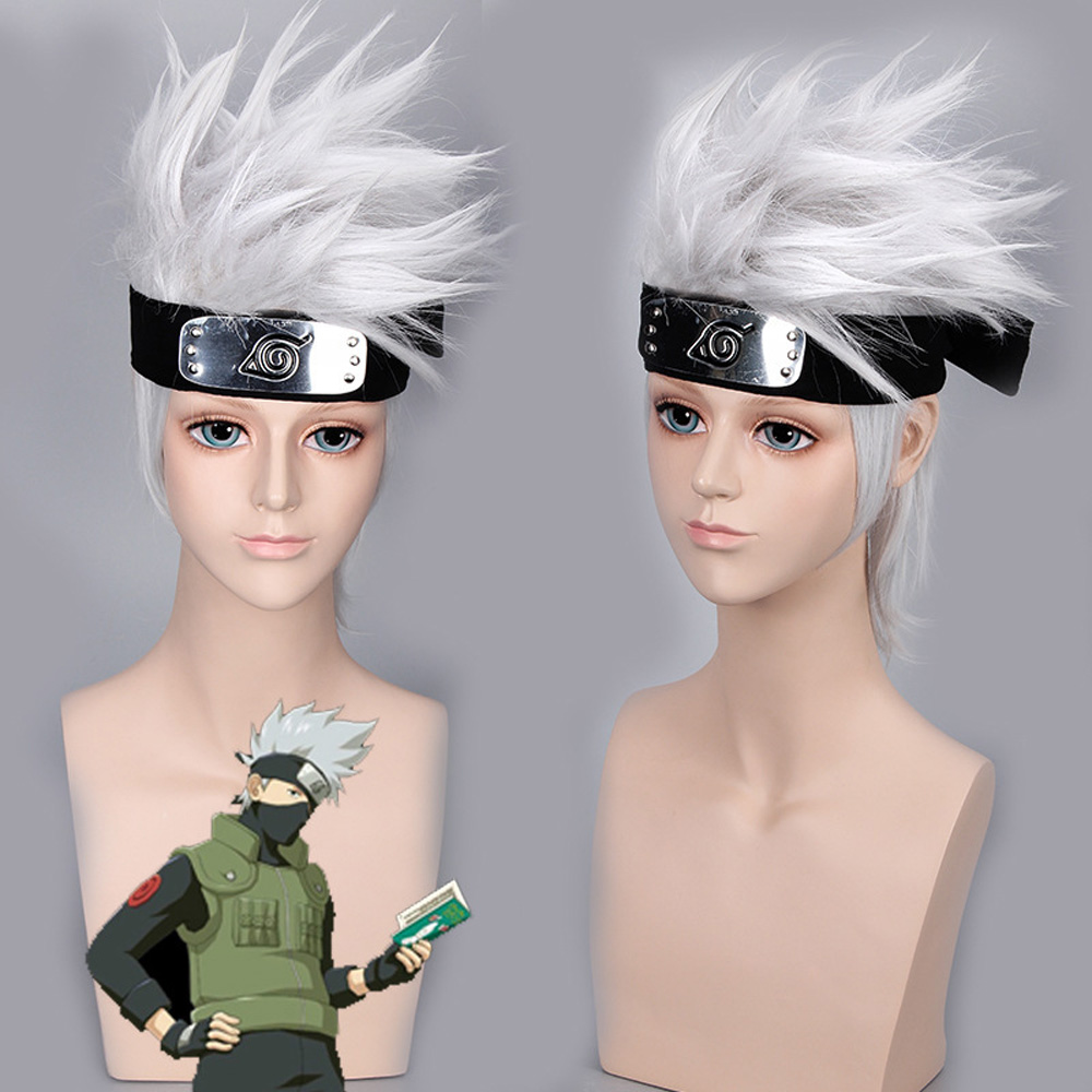 Anime Naruto Hatake Kakashi Cosplay Wig Headband Prop Short Silver White Halloween Unisex New