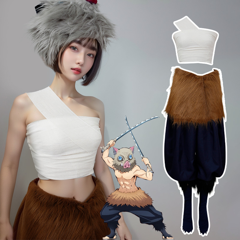 Anime Demon Slayer Man cosplay suit sex-turning Inosuke cospaly  Costume suit ,women's wig pig head cover