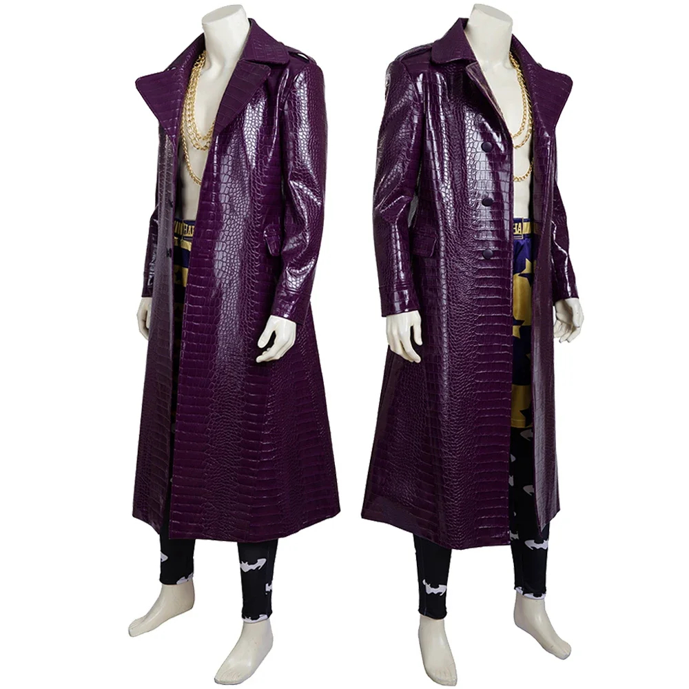 Movie Gotham City The Joker Cosplay Costume Halloween Carnival The Clown Outfit With Purple Jacket Men Suit With Golden Necklace-DC