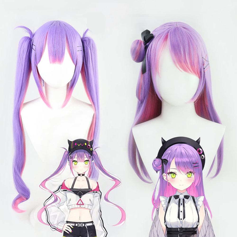 VTuber Tokoyami Towa Cosplay Wig for Girls Pigtails Short Hair Bun Hololive Idol Purple Mixed Pink Long Straight Hats