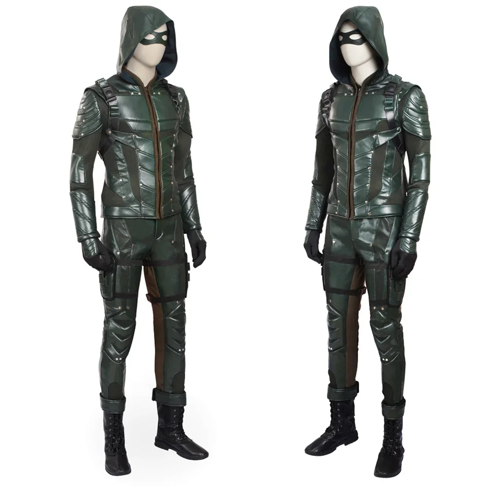 The Arrow Season 5 Green Arrow Cosplay Costume Oliver Quee Outfit Halloween Costumes Men Leather Pantsfantasias adulto masculino DC Movie Type