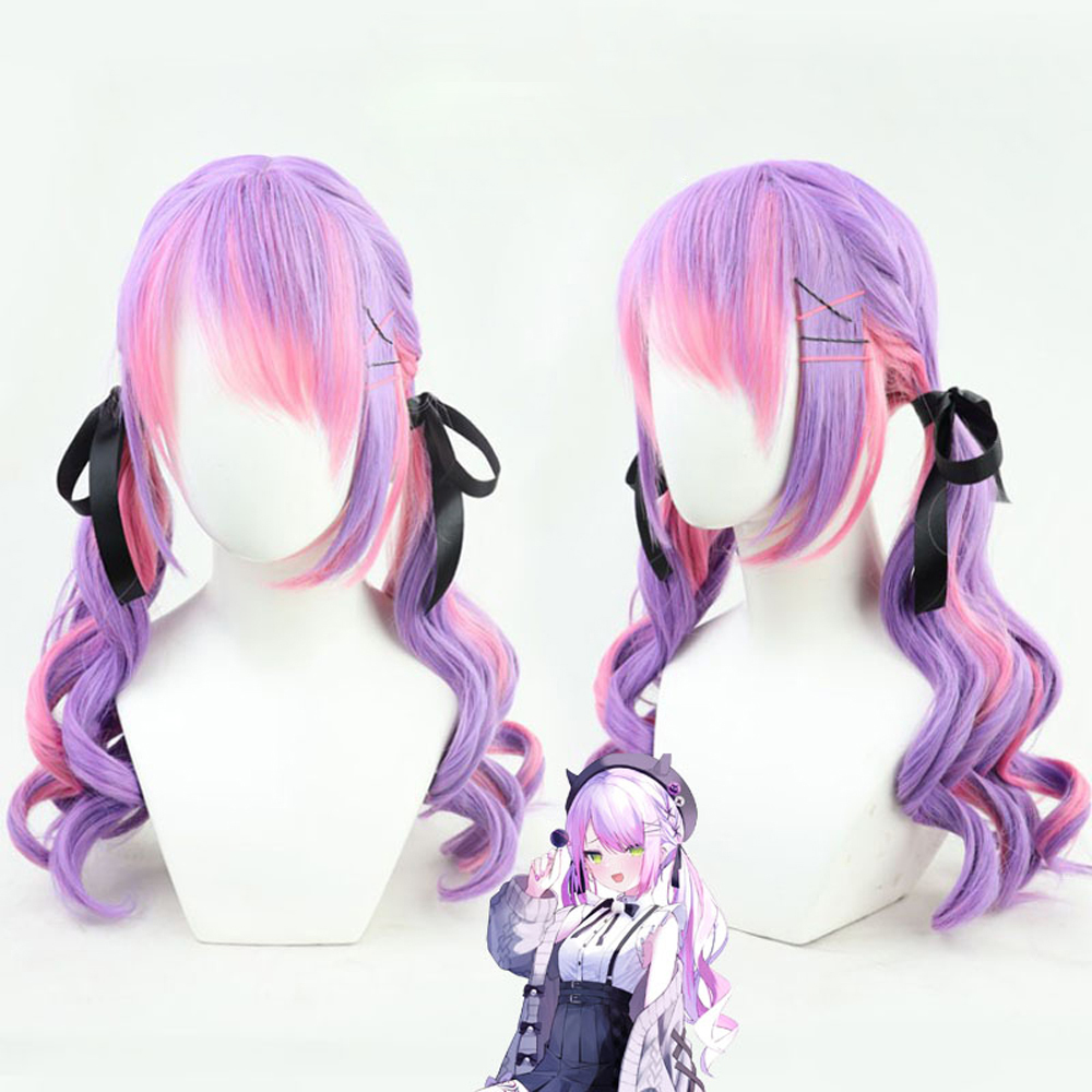 VTuber Tokoyami Towa Cosplay Wig for Girls Pigtails Short Hair Bun Hololive Idol Purple Mixed Pink Long Straight Hats