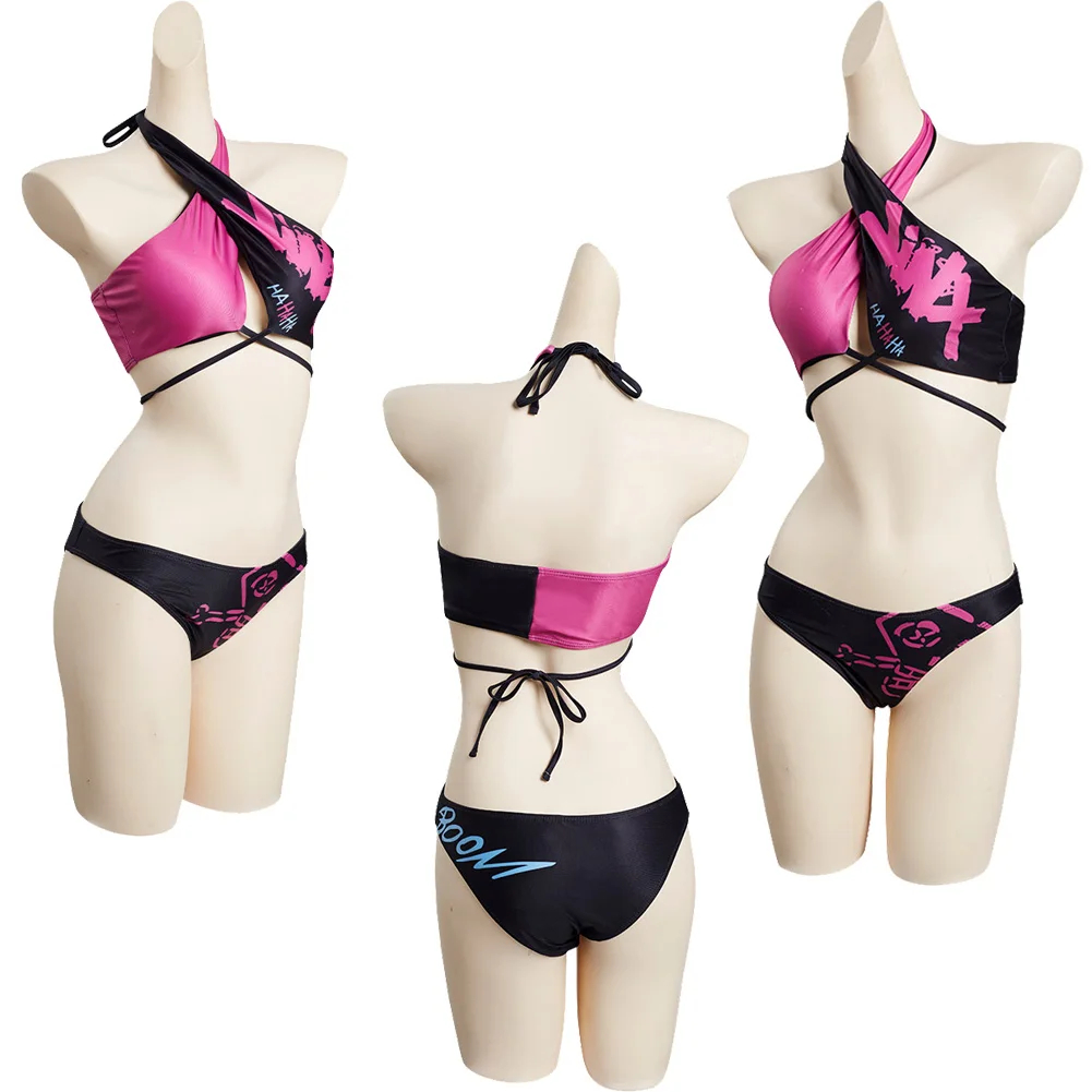 Jinx Cosplay Bikini Costume LoL Game Roleplay Women Swimwear Coat Bra Shorts Swimsuit Adult 