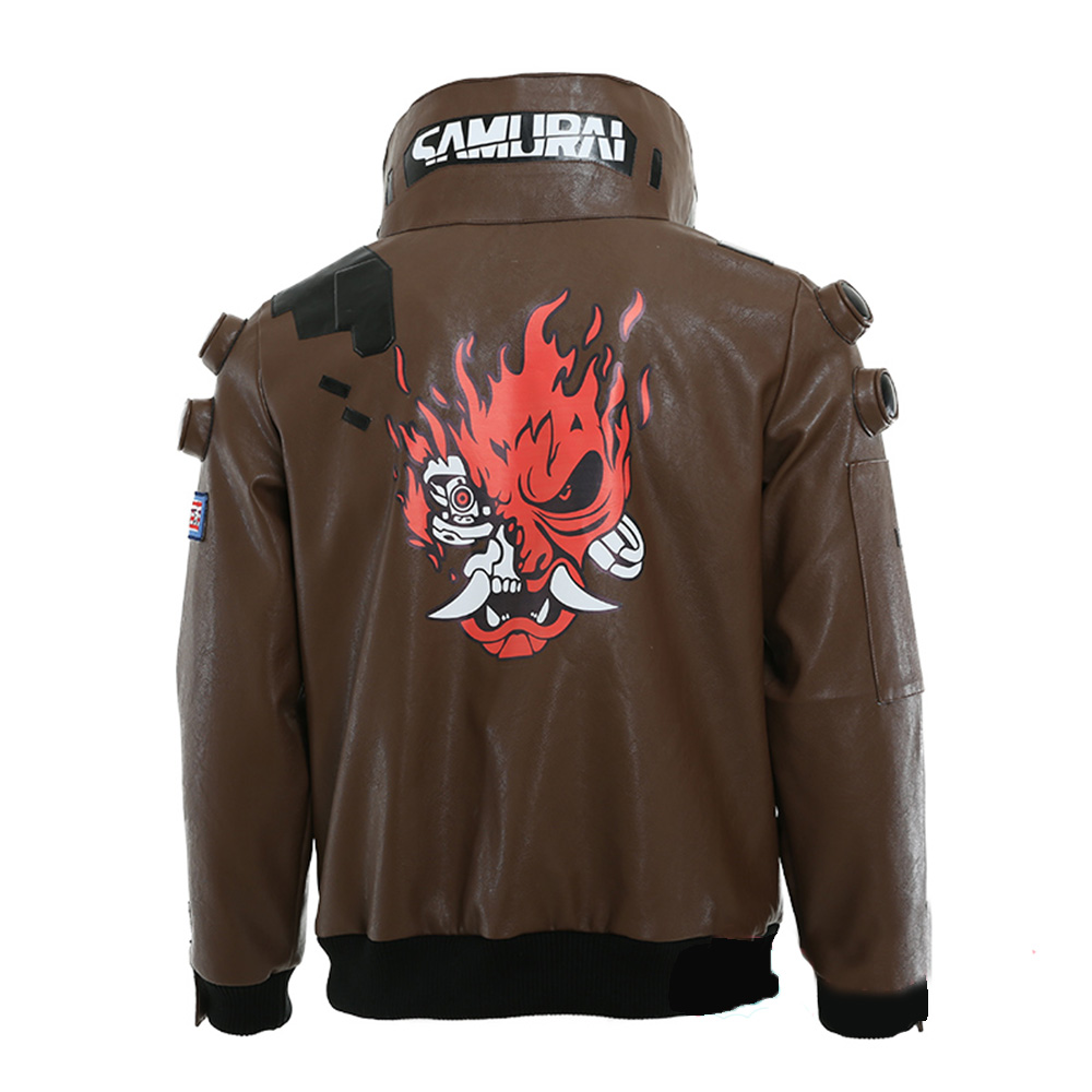 Unisex Cyberpunk V Brown Leather Jacket Motorcycle Bomber Coat Coplay Costume