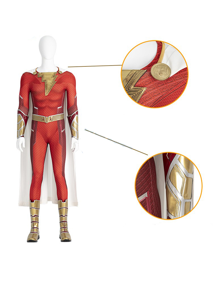  Shazam Fury Of The Gods Shazam Red Bodysuit Halloween Cosplay Costume Full Set DC Movie