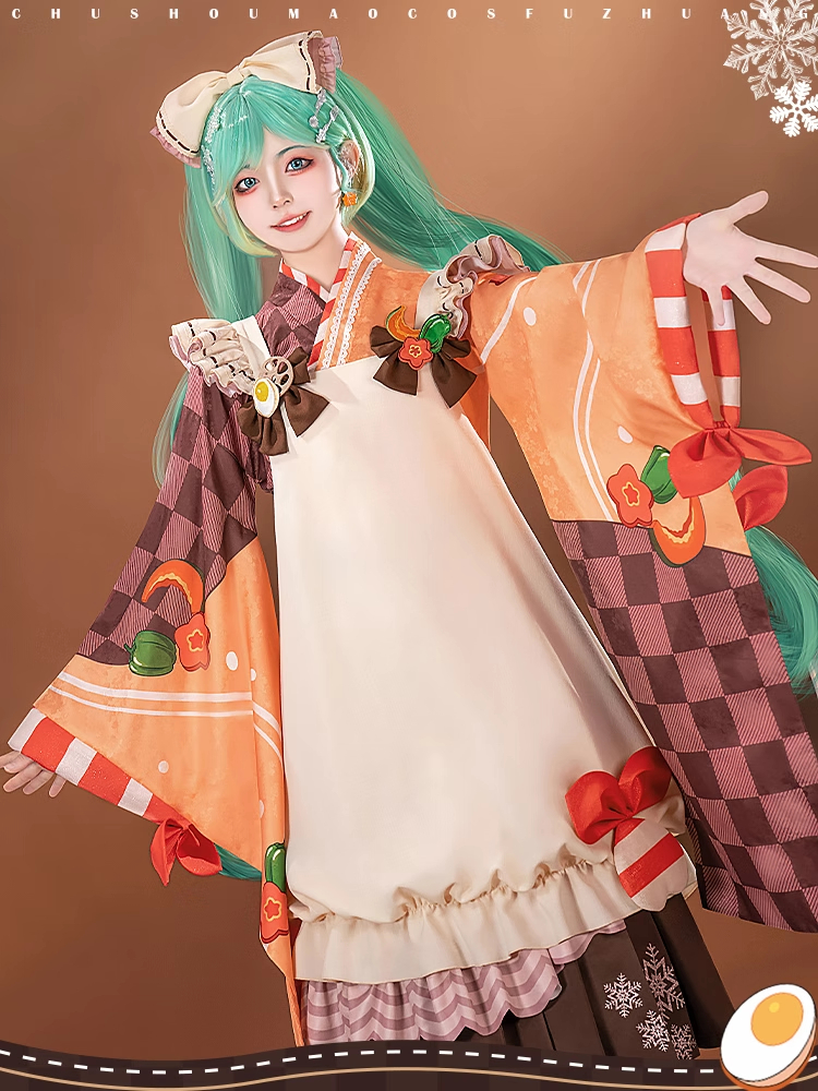 Hatsune Miku Snow Japanese Style Cosplay Costume Top and Skirt with Apron and Hair Accessories