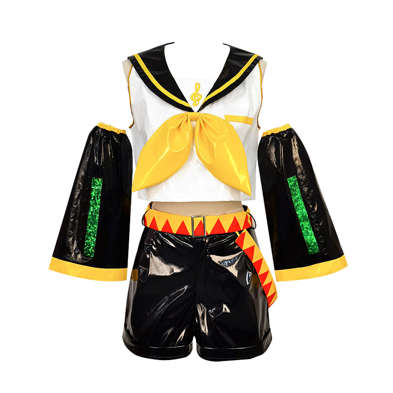 Kagamine Rin Cosplay with Ears Collab Series Cosplay Top Shorts Idol Costumes Wig Cosplay Outfit Patent Leather Uniform
