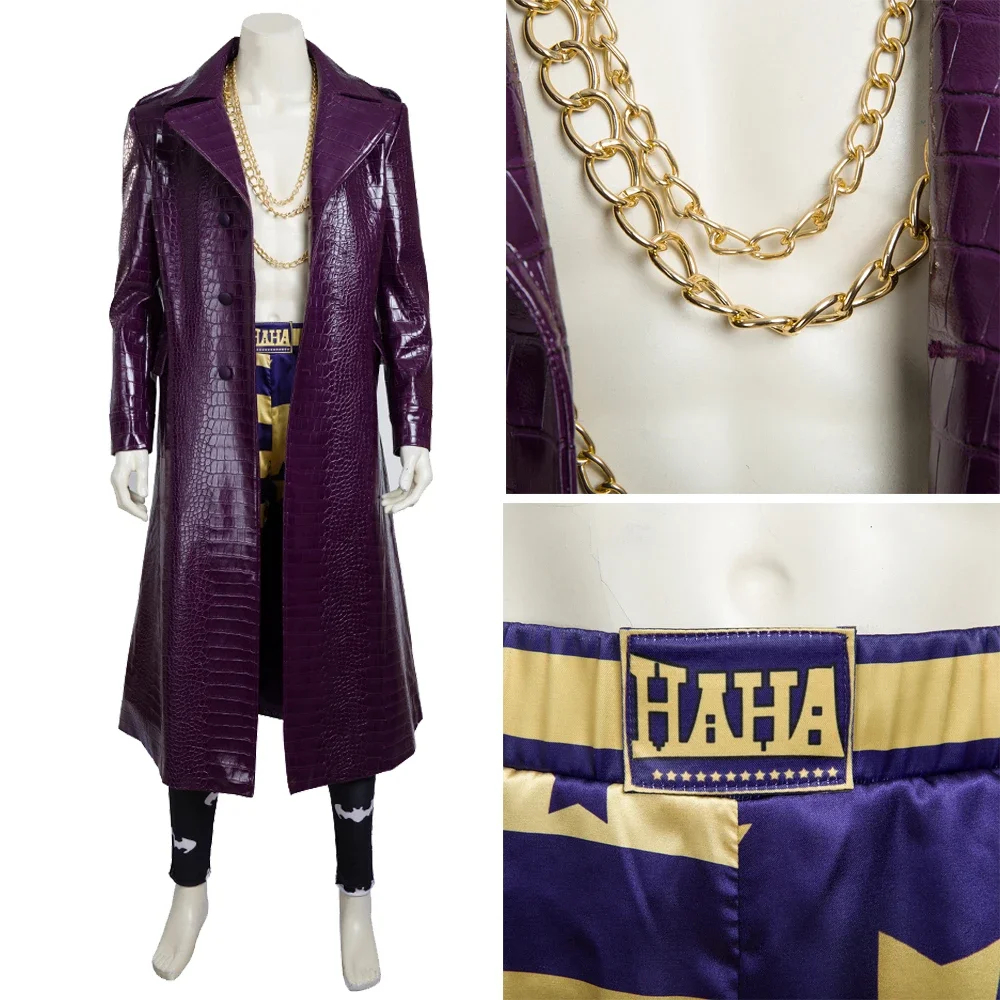 Movie Gotham City The Joker Cosplay Costume Halloween Carnival The Clown Outfit With Purple Jacket Men Suit With Golden Necklace-DC